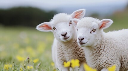 Obraz premium Two adorable fluffy lambs standing playfully in a field filled with bright yellow flowers : Generative AI