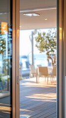 Fototapeta premium Open glass door reveals sunlit patio with ocean view.