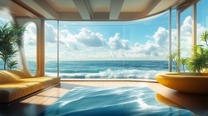 Fototapeta premium A stunning luxury oceanfront villa featuring an elegant indoor pool, panoramic ocean views, lush greenery, and a bright open-concept design, offering the ultimate tropical paradise experience