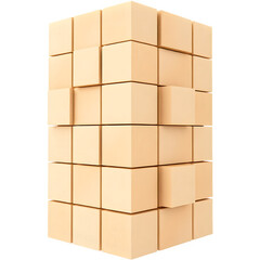 A stack of beige boxes arranged in a structured manner, showcasing a modular design with varying orientations.