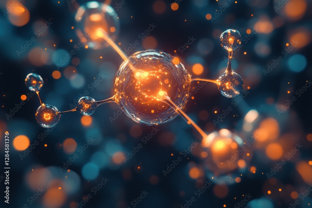 Poster visualization of gas molecules in motion with glowing atomic structures showing dynamic interactions