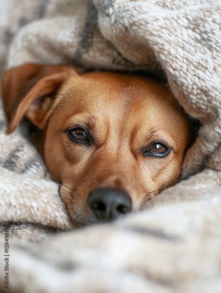 Poster closeup of a cozy dog snuggled in a soft blanket with a cute expression : generative ai