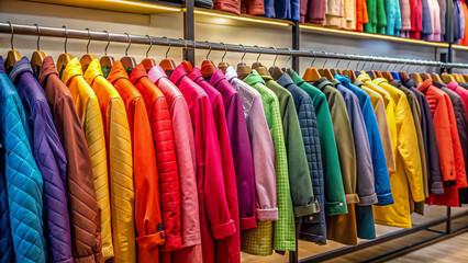 Vibrant Colorful Coats and Jackets on Display in a Fashion Store