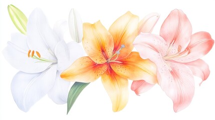 Fototapeta premium Bright and delicate watercolor lilies in soft hues showcasing the beauty of nature's elegance