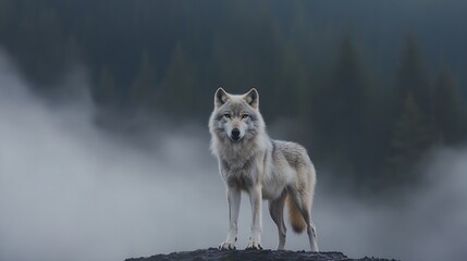Obraz premium Majestic Wolf Standing Proudly on Rocky Terrain Surrounded by Mist : Generative AI
