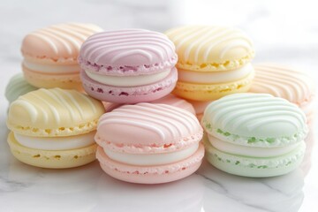 Obraz premium A delightful assortment of pastel-colored macarons with delicate white stripes, a sweet treat.