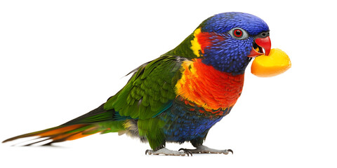 Obraz premium Colorful lorikeet bird perched holding a small orange citrus fruit in its beak against a plain white background.