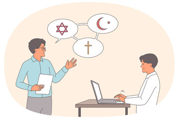 Man receives religious education from theology teacher, sitting at desk with laptop