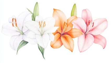 Fototapeta premium Delicate lilies adorned in white, orange, and pink hues showcase the elegance of watercolor artistry