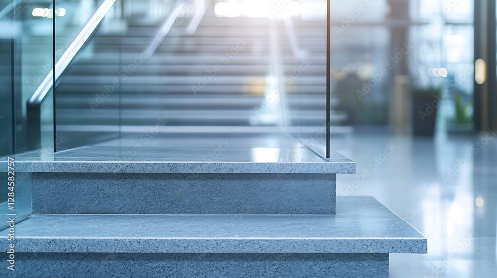 Poster closeup of modern spacious indoor stairs featuring elegant design and reflections under soft natural