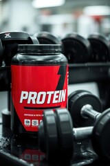 Fototapeta premium Protein powder for bodybuilding and weight lifting, with dumbbells. Focus on fitness and nutrition.