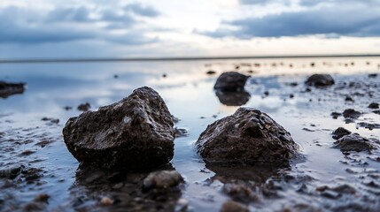 Fototapeta premium Serene Landscape Featuring Rocks by the Water Under a Dramatic Sky at Dusk : Generative AI