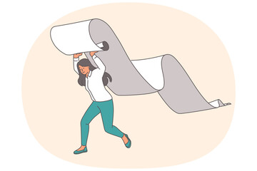 Woman lifts roll of check paper over head in preparation for counting expenses and budget