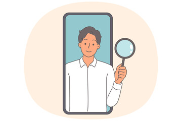 Business man with magnifying glass looks out of phone display, offering to use search technology
