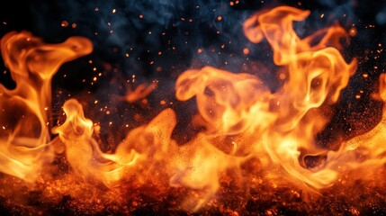 Fototapeta premium Fiery Flames, Sparks, Smoke, Dark Background