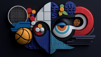 Fototapeta premium Colorful Abstract Design Featuring Sports Equipment and Shapes