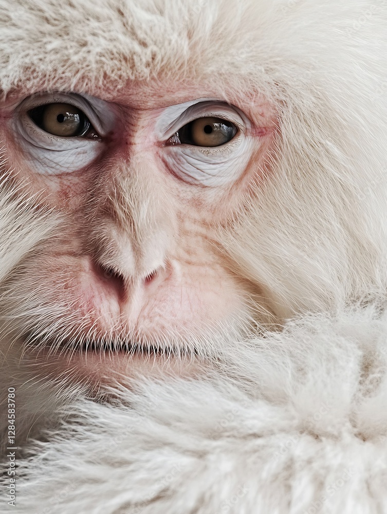 Poster closeup portrait of a gentle white monkey with deep expressive eyes revealing its creaturely charm :