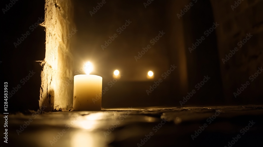 Fototapete a flickering candle illuminating a dark stone pathway in a mysterious setting : generative ai
