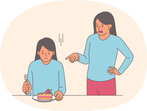 Woman tries to follow diet or not eat sweets, and blames herself while eating cake. Upset girl eats dessert, violating nutritionists diet recommendations and insults herself for it