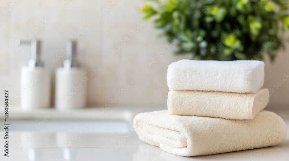 Poster soft fluffy towels stacked neatly on a bathroom countertop next to potted greenery : generative ai