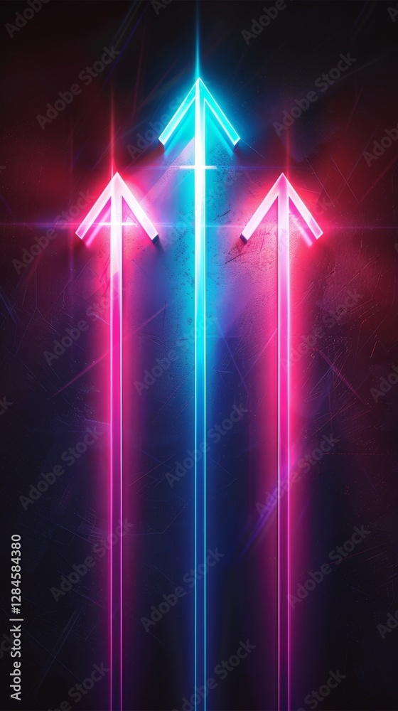Poster colorful neon arrows pointing upward creating a dynamic visual effect in a dark background