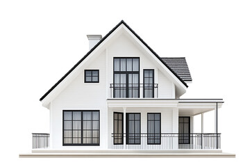 A modern white house with black framed windows and a steeply pitched roof stands isolated against a white background.