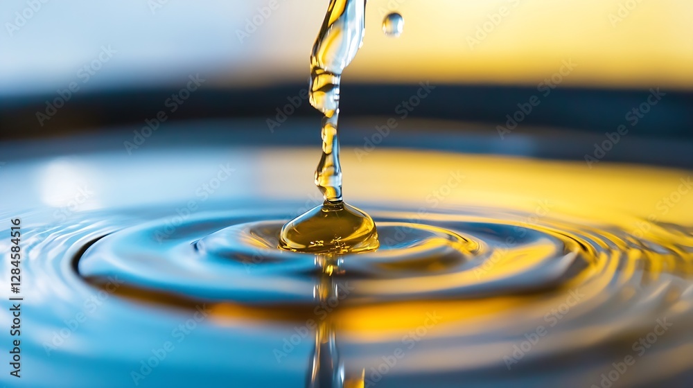 Poster drop of golden oil cascading into a serene body of water creating beautiful ripples and reflections 