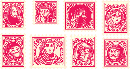 set of vintage engraving niqab muslim woman face Postage Stamp Retro style postage sticker collection famous woman stamp postmark, engraving muslim niqab, girl stamp, Smiling face, niqab, old post