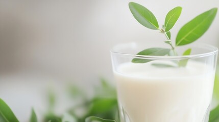Elegant glass of milk infused with fresh green leaves placed on a serene background with soft natural light : Generative AI