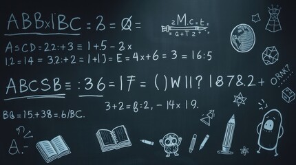 Chalkboard covered with whimsical mathematical equations and doodles of everyday school objects.