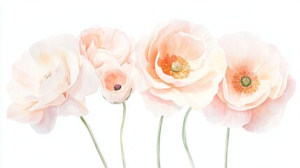 Obraz premium Delicate ranunculus blooms in soft peach and pink hues, celebrating nature's beauty through watercolor artistry