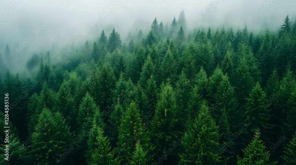 Poster lush green forest enveloped in mist demonstrating the tranquility of nature and woodlands : generati