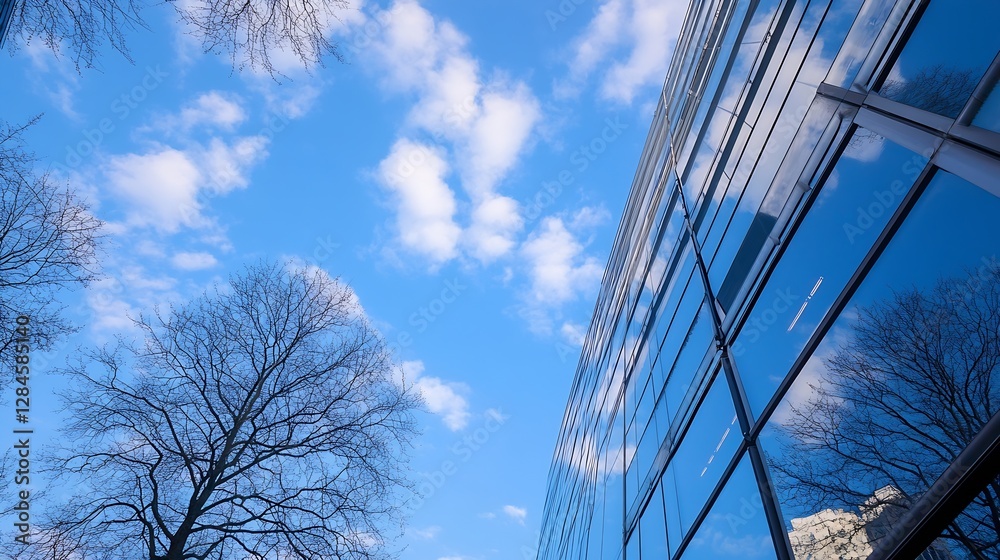 Aufkleber modern urban architecture featuring a glass facade under a bright blue sky with wispy cloud patterns