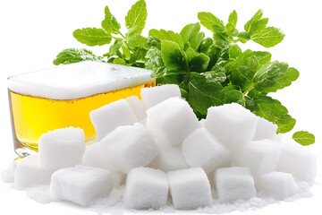 A glass of light beer surrounded by a pile of sugar cubes and a sprig of fresh green leaves.