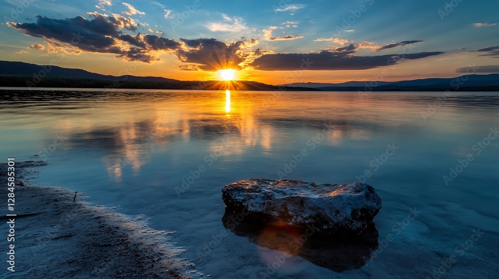 Poster stunning sunset reflection on a serene lake with a rock in the foreground creating a picturesque vie