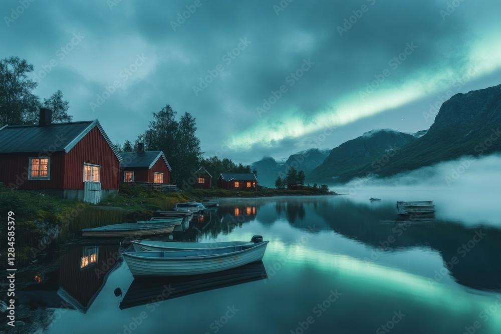 Leinwandbilder captivating night view of a scandinavian village with colorful aurora reflected on a calm lake. gene