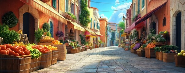 Naklejka premium Charming cobblestone street market with colorful fresh produce in a picturesque old town