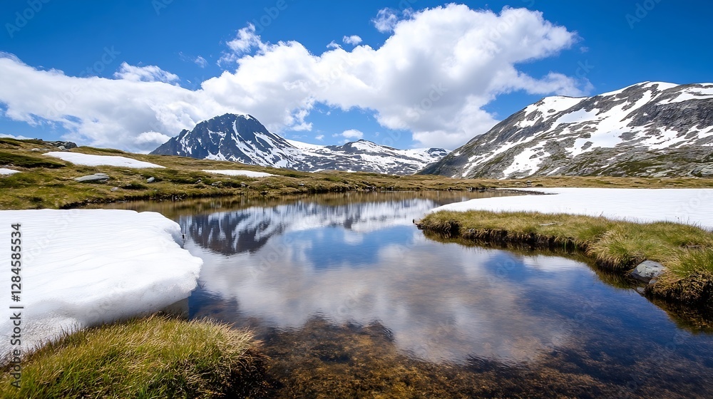 Poster breathtaking mountain range reflected in a calm alpine lake surrounded by snow : generative ai