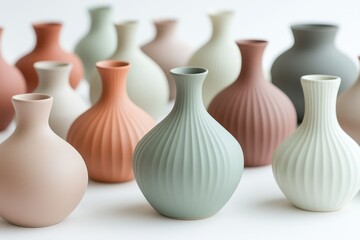 Collection of ribbed ceramic vases in muted earth tones, arranged for display.