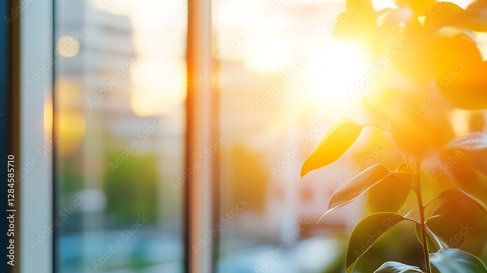 Poster Sunlight streaming through a window illuminating green leaves and creating a warm atmosphere in an urban setting : Generative AI