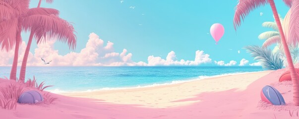 Fototapeta na wymiar Serene pink beach with palm trees and hot air balloon under clear blue sky