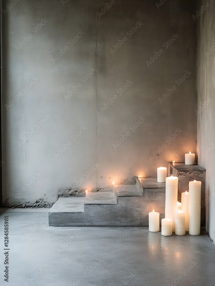 Poster serene indoor staircase decorated with glowing candles creating a tranquil atmosphere : generative a