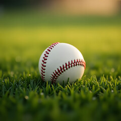 Close-Up of a Baseball on Vibrant Green Grass with Blurred Field Background – AI-Generated Image.