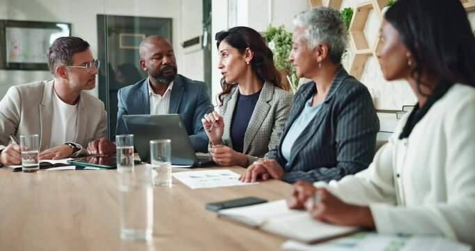 Business people, budget and laptop in meeting for discussion or financial report in accounting. Feedback, online review and happy accountants in office for finance career, project funding or teamwork