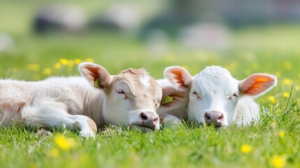 Obraz premium Two adorable calves peacefully resting in a green meadow filled with vibrant flowers under the sun : Generative AI