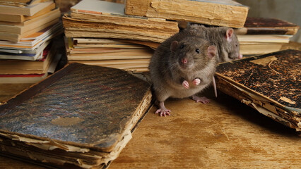 A brown rat and old antique books on wooden table.