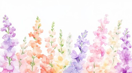 Delicate snapdragons bloom in pastel colors, showcasing a cheerful watercolor botanical illustration