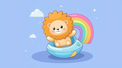 Fototapeta premium Adorable Cartoon Lion Cub in a Spaceship with Rainbow - Dreamy Illustration