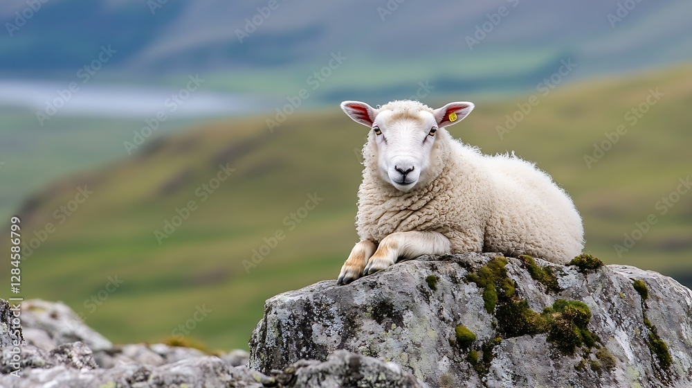 Poster closeup of a playful sheep relaxing on a rock in a green natural landscape : generative ai