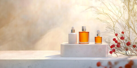 Elegant bottles on a stone pedestal illuminated by soft light adorned with delicate floral elements and an artistic backdrop.